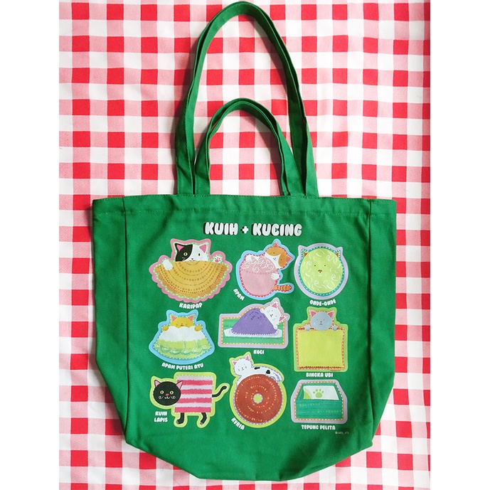 Kuih + Kucing large Canvas Tote Bag green Shopee Malaysia
