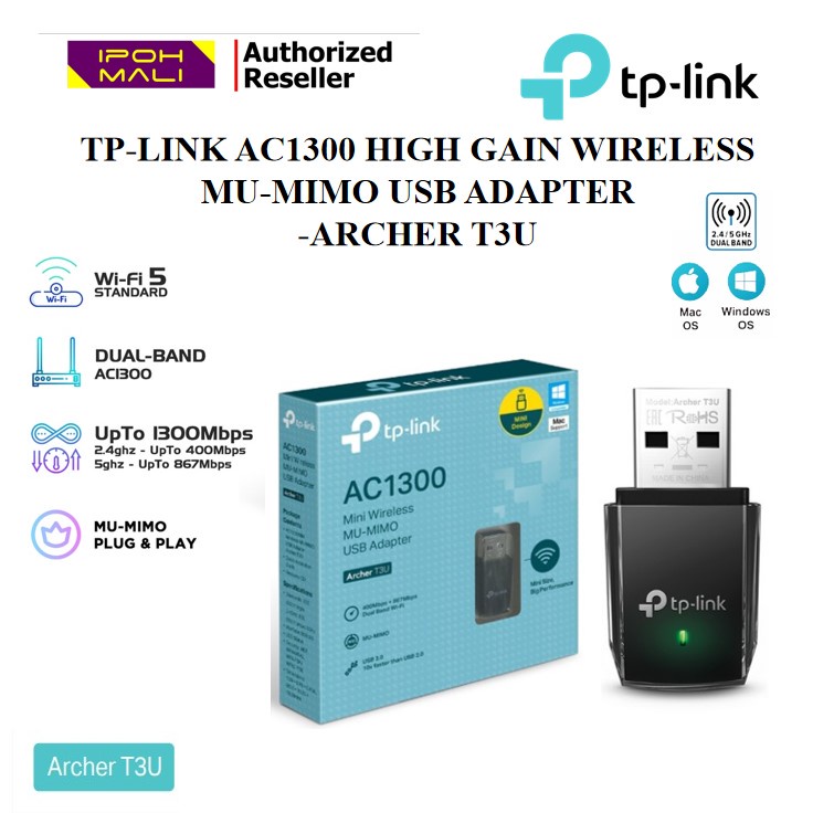 TP-Link Archer T3U AC1300 High Gain Wireless MU-MIMO USB Adapter ...