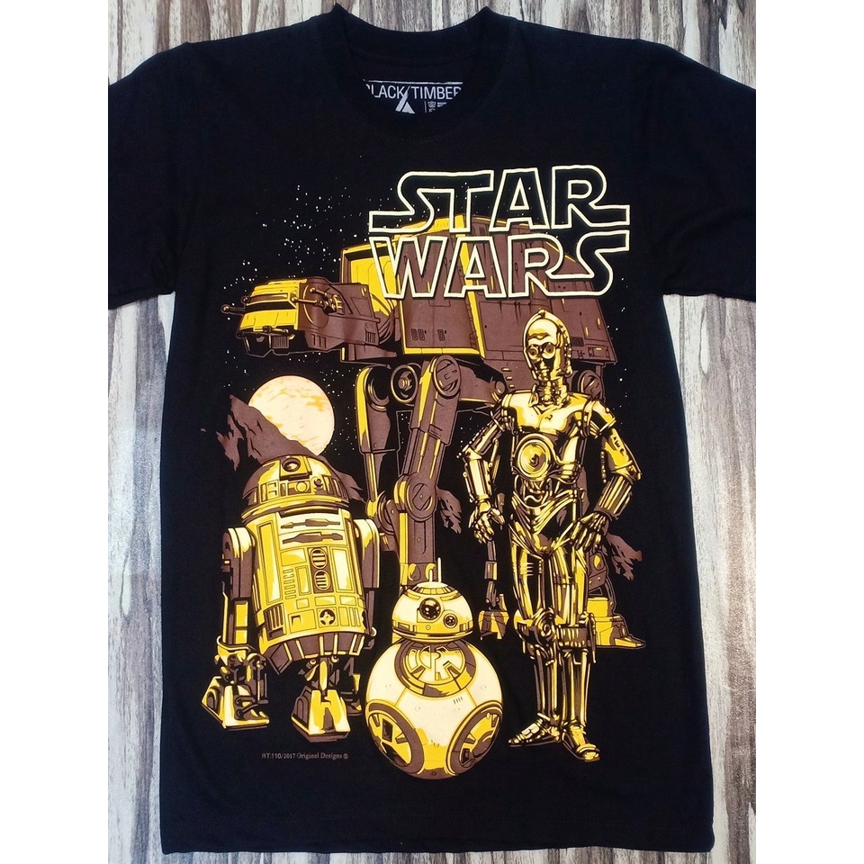 BT110 STAR WARS DROIDS TRIBUTE 3CPO R2D2 BB8 EMPIRE STRIKE BACK MOVIE COLLECTION ORIGINAL BLACK TIMBER COTTON T-SHIRT