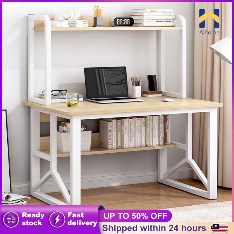 Computer Table with Book Shelf Meja Belajar Student Study Desk Writing Desk  Steel Wood Home Office Table Meja Komputer