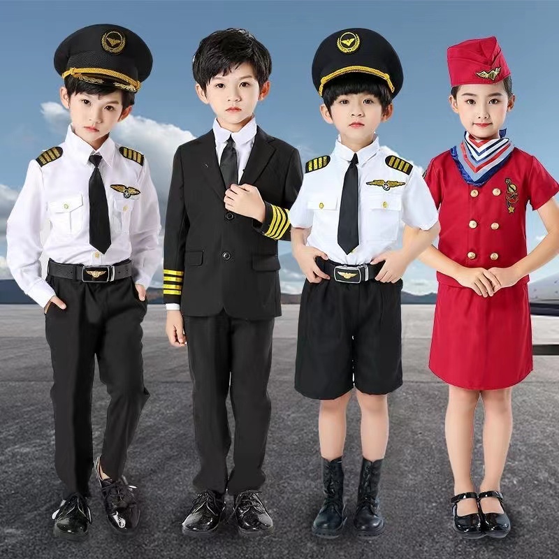 Congme Airline Pilot Captain Costume for Kids Boys Girls Captain Uniform Career Dress Up Accessory Set with Sunglasses for Children