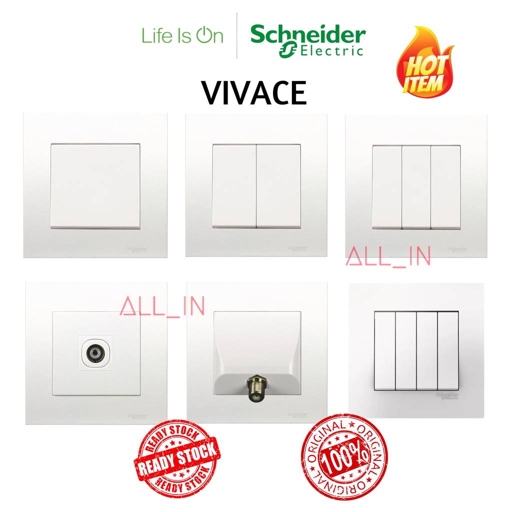 SCHNEIDER VIVACE Switch Socket [White] 13A 15A Socket 1G1W 2G1W 1G2W ...