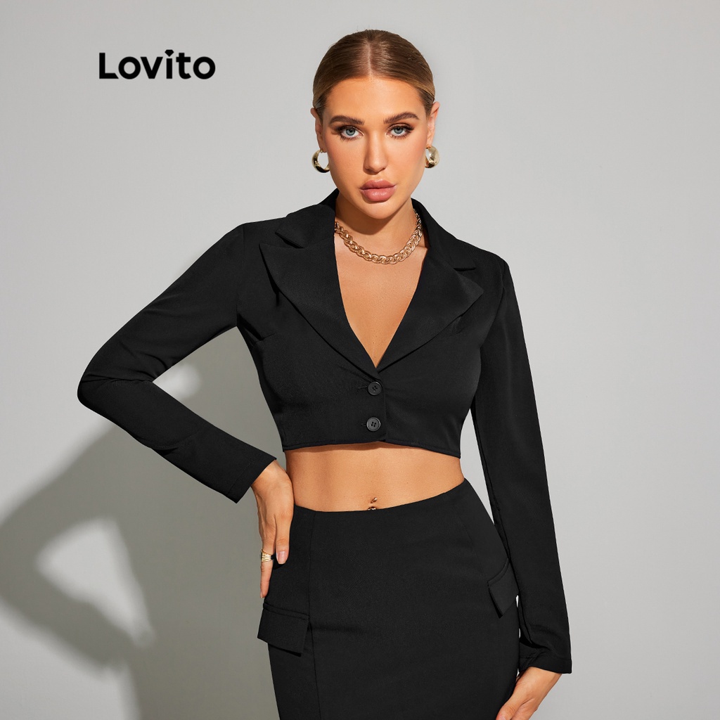 Lovito DAY & NIGHT GLAMOR Elegant Plain Notched Collar Blazer Crop Top
