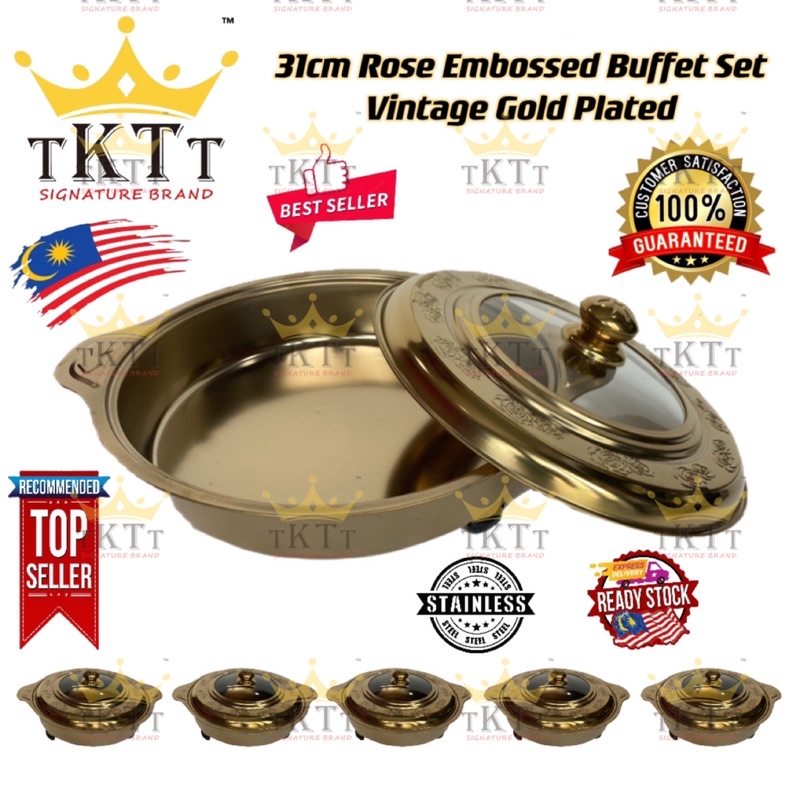 TKTT 31cm Round Vintage Gold Plated Rose Embossed Buffet Set Food Pan Chafing Dish Serving Set Tray Lauk Emas Serbaguna