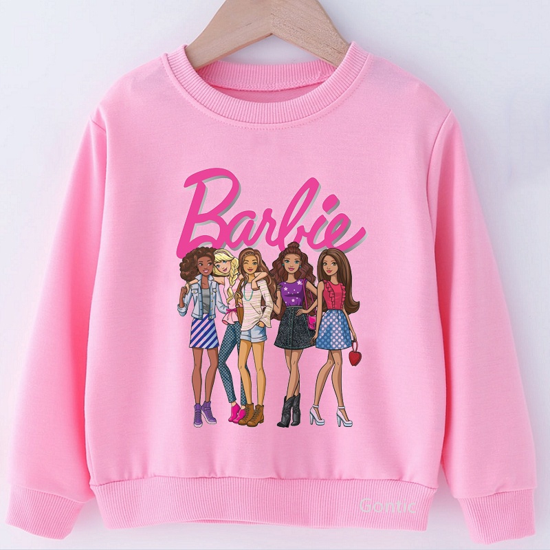 Fashion Kid's Girls Clothes Cartoon Barbie Print Sweatshirts Children's Hoodies Pullovers Pink Jumper Lovely Streetwear Outwear Christmas Birthday Gift