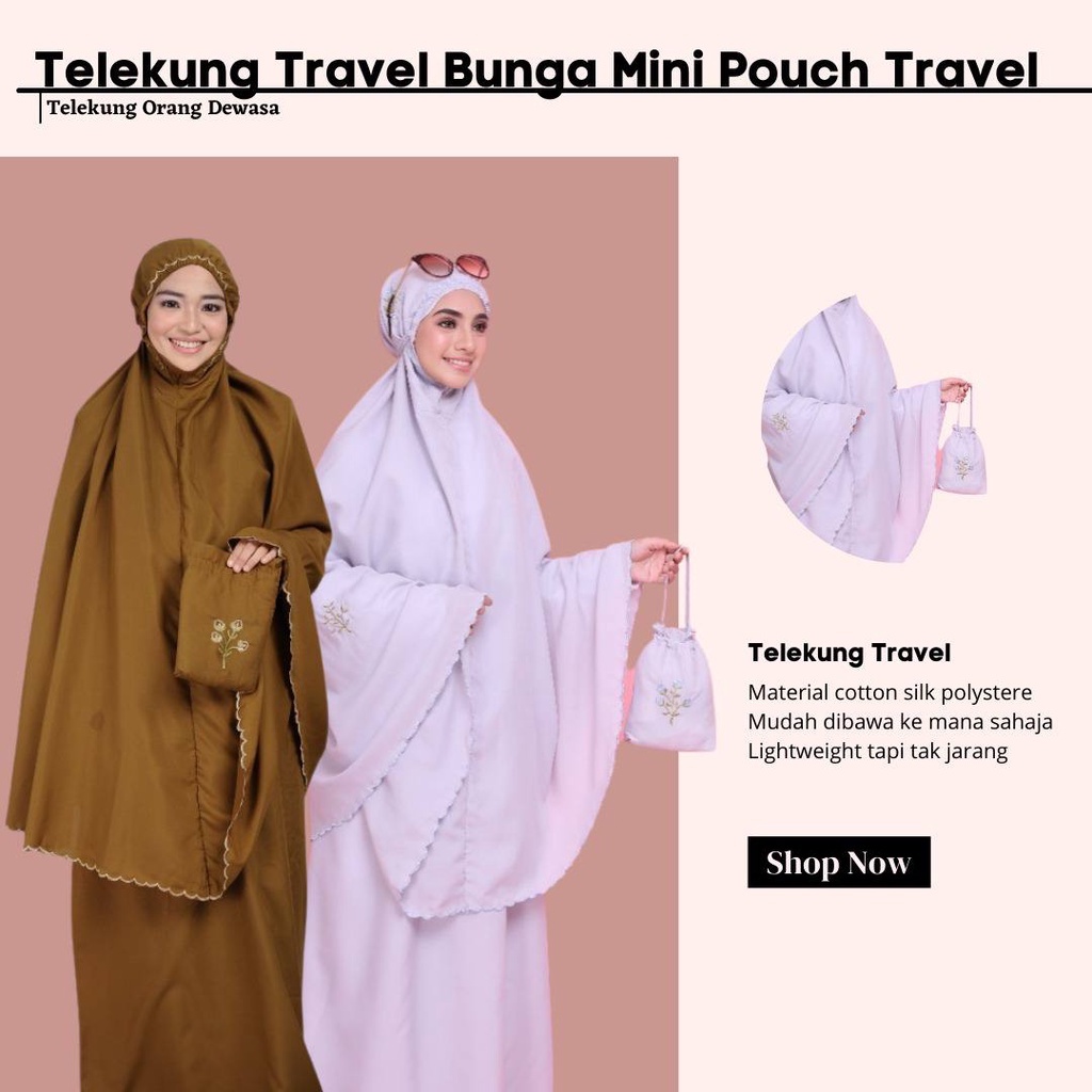 Telekung Travel Esklusif Free Beg Telekung Dewasa Dengan Sulam Bunga Ringan Dan Mudah Untuk