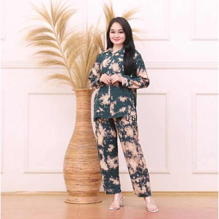 One Set Daily Set Tie Dye Suits Women Girls Long Sleeve Ld 110cm Tiedye Rayon Tye Die Suits Girls Sleepwear Pajamas Batik Pekalongan