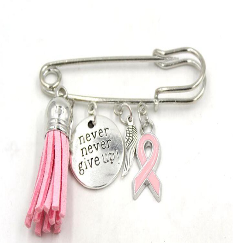 Fashion New Arrival Breast Cancer Awareness Brooch Pin Badge Crystal Pearl Beads Never Give Up Breast Cancer Pink Ribbon Pin Brooch Safety Pins Jewellry Additional Accessories