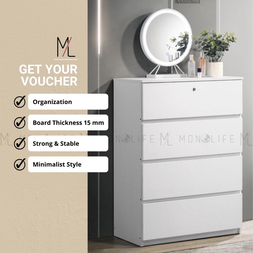 Monolife Chest Drawer Storage 105 CM High XXL Size 4 Layer Drawer Set