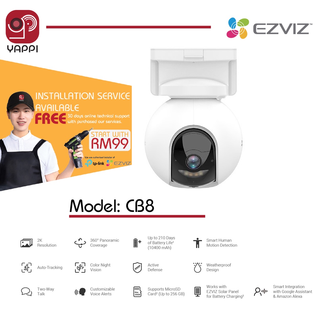 Ezviz CB8 2K BatteryPowered Rechargeable 360 Pan/Tilt Outdoor / Indoor