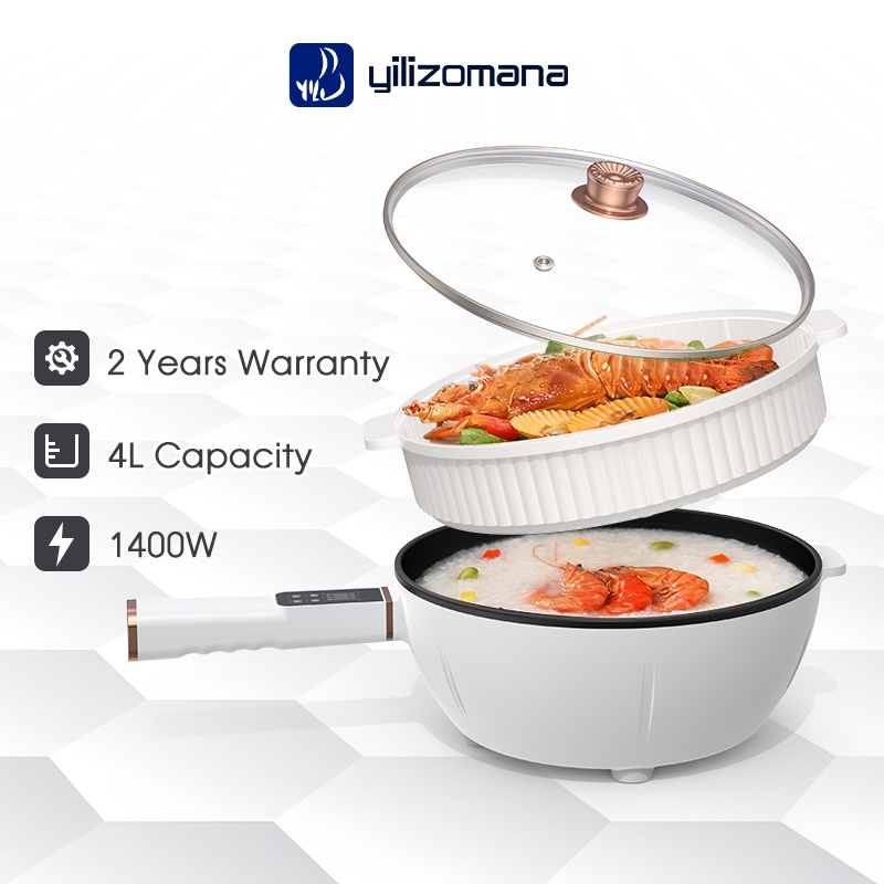 Yilizomana Electric Frying Pan Non-Stick Wok With Steamer Frying Pan Electric Cooker Cooking Pan Hot Pot(4L / 1400W)