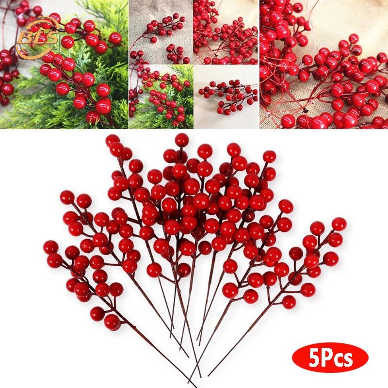 5 Pcs Artificial Christmas Red Berries Stems/ DIY Xmas Wreath Decorative Fake Plant/ New Year Xmas Party Decoration Supplies