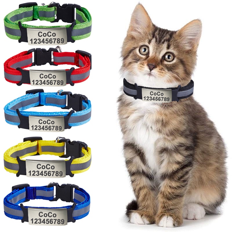 Free Custom ID Name Tag Cat Collar Bell Necklace Safety Reflective Nylon Kitten Cat Collar Personalized Engraved Safte Buckle