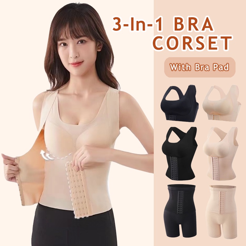 3-In-1 Push Up Corset Bra Shapewear Breasted Humpback Posture Correction Tummy Control Corrector Corset Front Closure Shaper Trainer Postpartum Tummy Sculpting Underwear