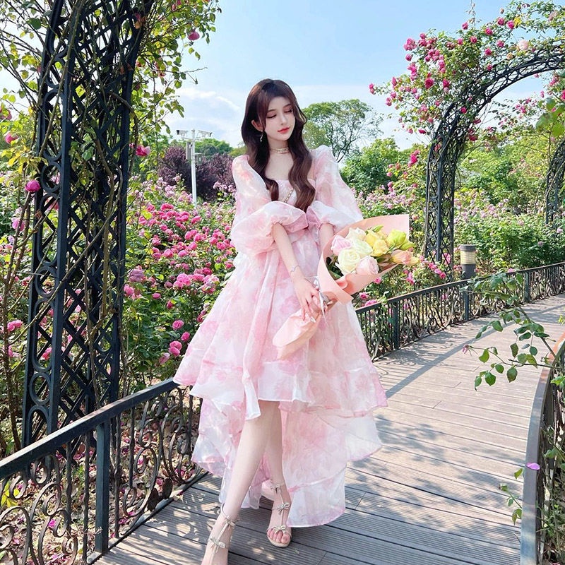 Summer Floral High Quality Fairy Pink Dress Formal Long Dress Gown HOT