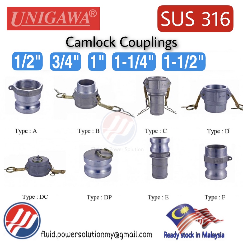 " UNI " Stainless steel 316 Camlock Coupling, Size 1/2" 11/2" Quick