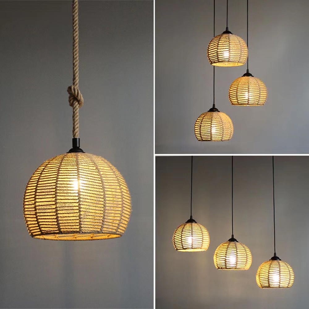 Japanese Style Handmake Pendant Lamp,Rattan Lampshade Vintage Hanging Light,Natural Hemp Rope Chandelier,Loft Living Room Dining Room Home Decor Woven Lamp