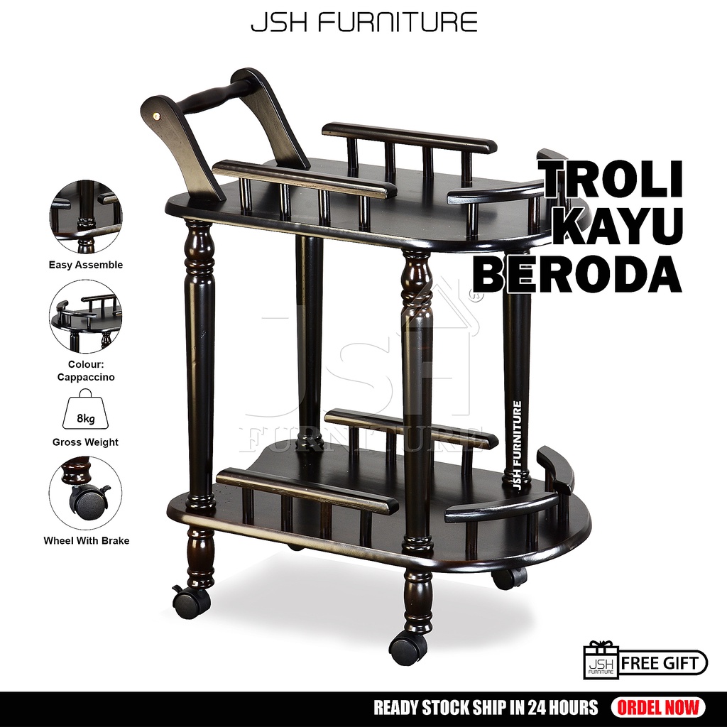 Wooden Trolley With Wheel JSH TR85 - Troli Kayu Beroda Trolli Ruang Tamu Multifunction Kitchen Cart