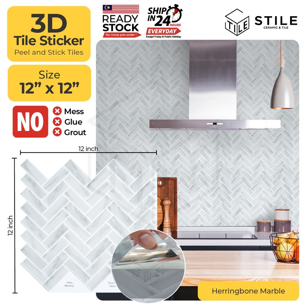 Herringbone Marble 3D Tiles Sticker Kitchen Bathroom Wall Tiles Sticker