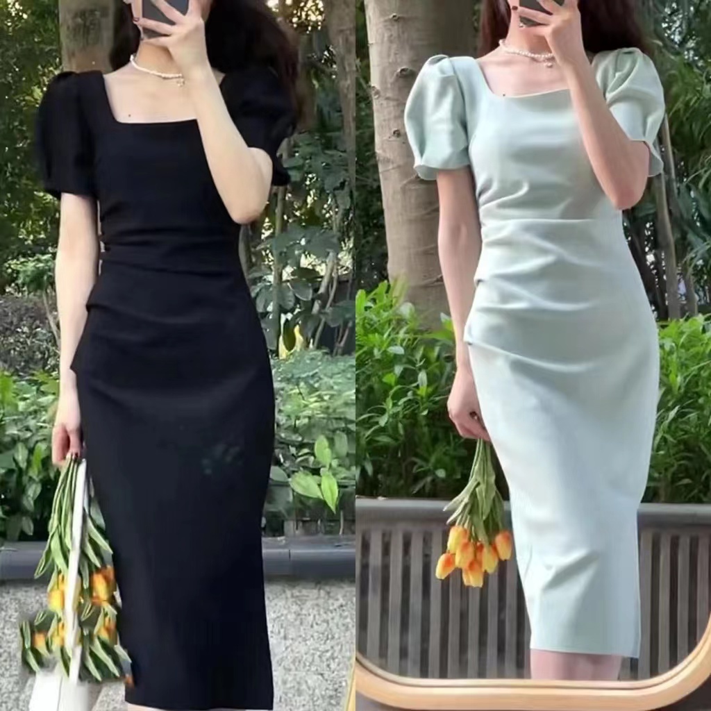 Dress 5 Women's Square Neck Bubble Sleeve Korean Women's Mid length Dress 2 Summer New Fashion Slim Slim 20-45 Year Old Women's Evening Dress Graduation Dress