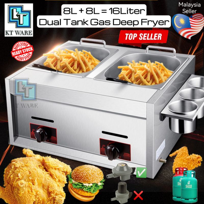 KT WARE 2x8L Double Tank Gas Comercial Deep Fryer. Dapur goreng gas for Fried Chicken Tempura, Nuggets and Ayam Goreng