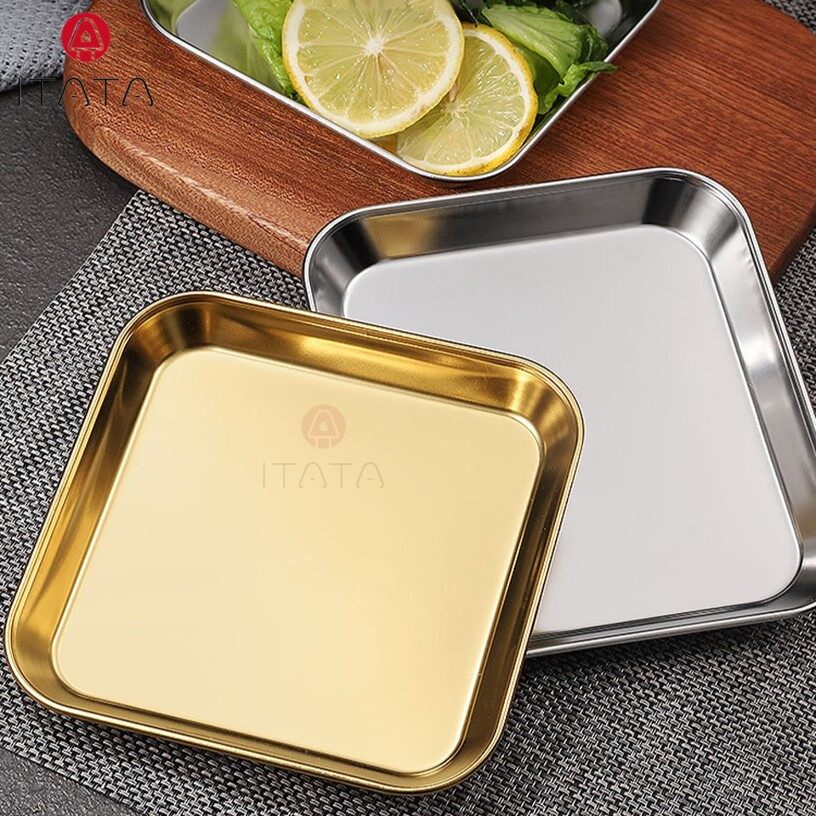 Nordic Style Ceramic Korean 304 Gold Tray Rectangular Square Shape Plate Cookware Dish Dessert Main Course