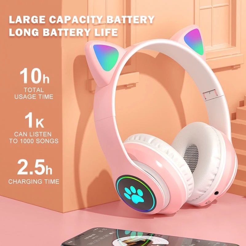 DEENLVA Head Mounted Led Headphone Cat Wireless Gaming Headset Children Headphone Microphone Stereo Headphone Cute HeadphoneCute Cat Ear Bluetooth Wireless Headphone LED Light Bluetooth 5.0 Headphones With Mic