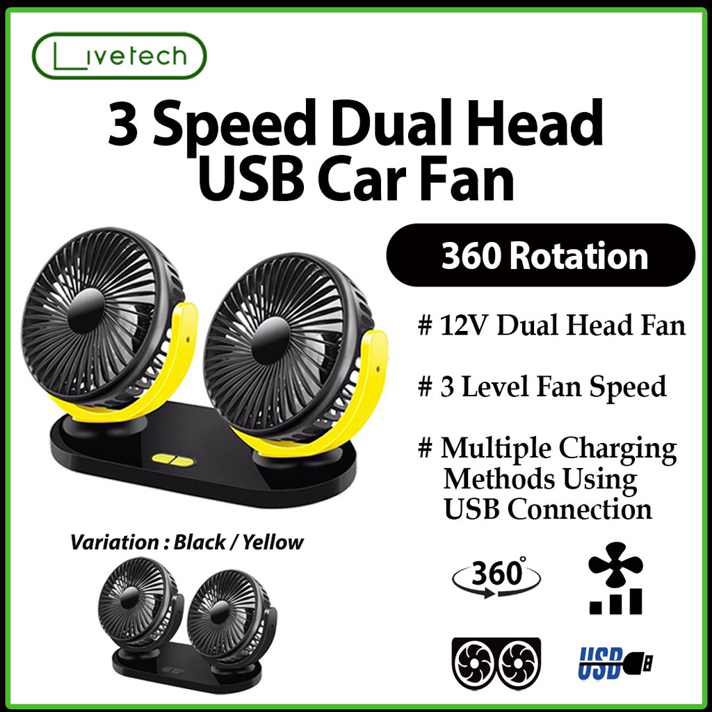 LiveTech Car Fan Truck Fan Air Conditioning 3 Speed USB Fan Dual Head 360°Rotating Silent USB Mini Car Fan 汽车风扇 USB风扇