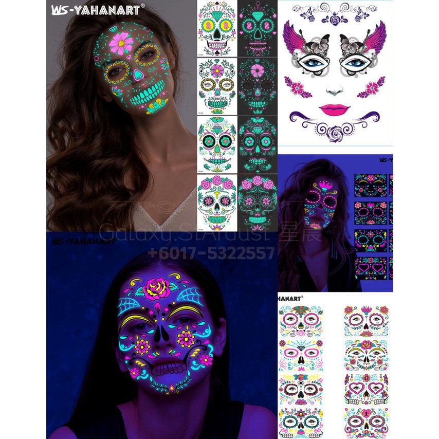 UV Neon-Glow In Dark Halloween Party Face Fancy Tattoos Day Of The Dead-Sugar Skull Roses Skeleton Dance Cosplay Make Up