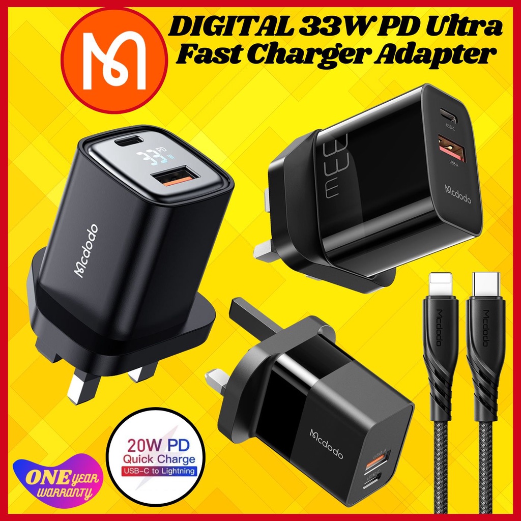 【1YrWarranty】Mcdodo DIGITAL 20W 33W Fast Charge PD+QC TypeC+USB Ports