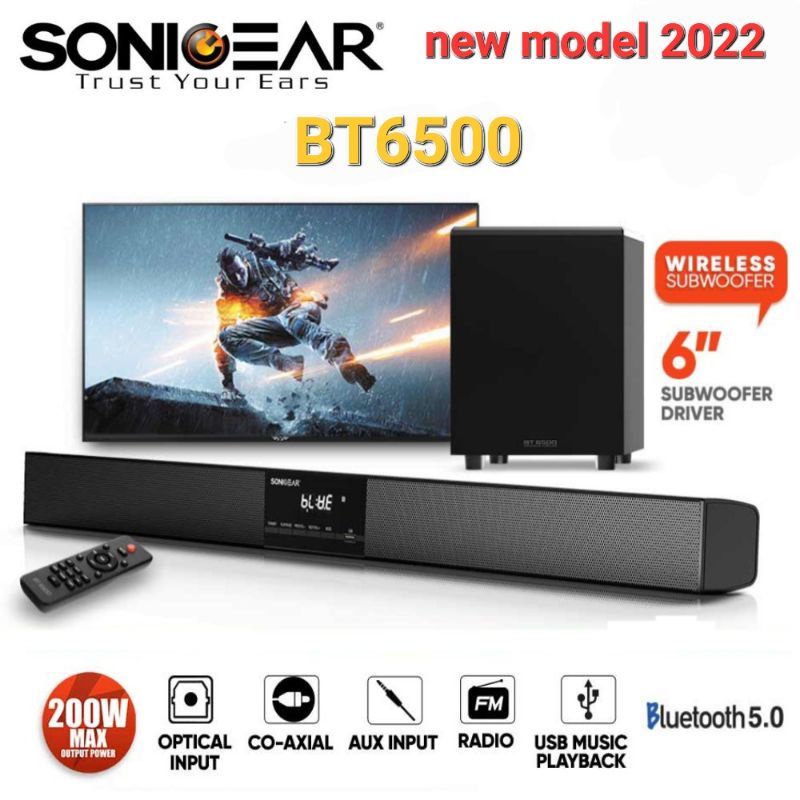 SonicGear TV Soundbar Subwoofer BT6500 / BT5500 Bluetooth 5.0 With Wireless Subwoofer / TV Sound Bar / 6.5" 200w Max Out