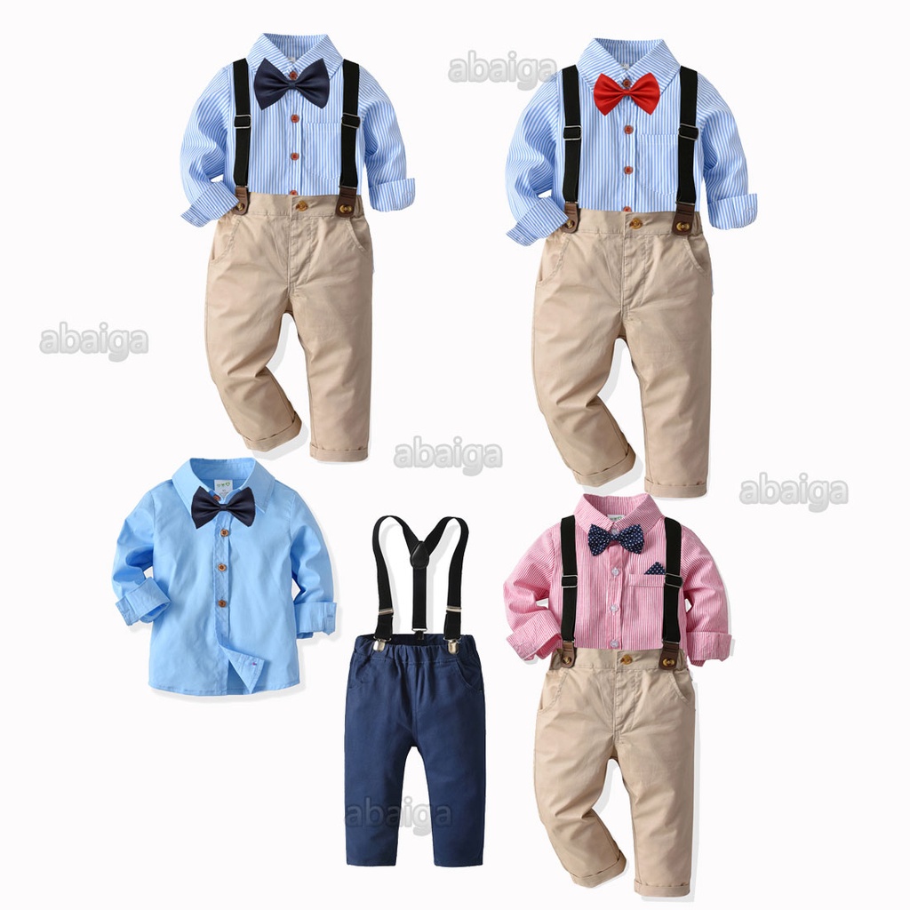 Gentleman Suit 2 Years Old Boy Outfit Long Sleeve Striped Shirt Bow Tie Trousers Set Kids Clothes Formal Wedding Birthday Party Attire 1-6 Yrs