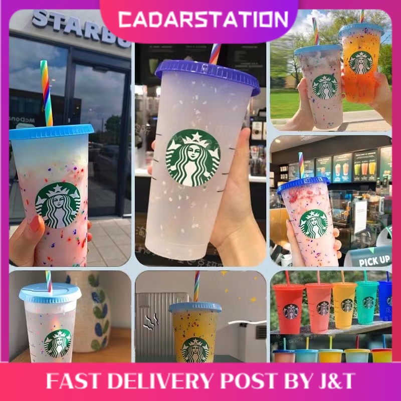 CS_ Starbucks Tumbler cup straw set flash shiny powder 24 air botol water bottle with lid tyeso
