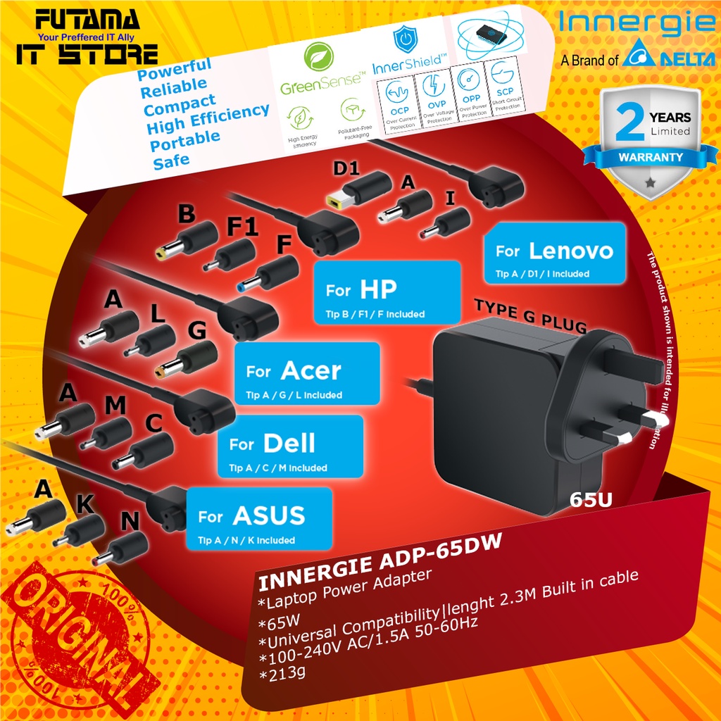 Innergie Universal Laptop Adapter Charger with Builtin Cable (65W