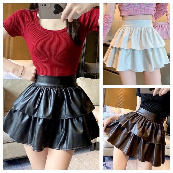 Pleated Leather Skirt With 2 Layers Of Spread Skirt With Anti-revealing 