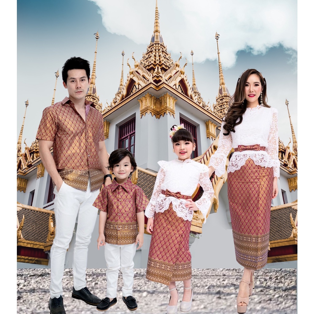 Thai Dress Warm I Love Traditional Mother And Daughter Family And Lace Long Sarong Go To Temple Merit-Making