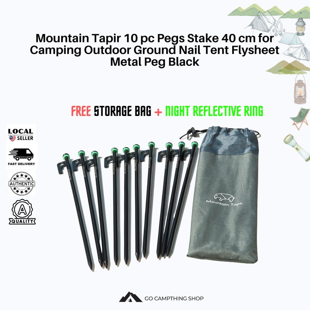 Mountain Tapir 10 pc Pegs Stake 40 cm for Camping Outdoor Ground Nail Tent Flysheet Metal Peg Black