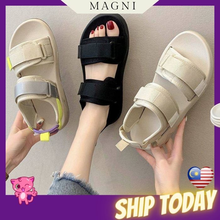 READY STOCK MAGNI Rubber Base Nylon Strip Beach Style Sandal Women Shoe ...