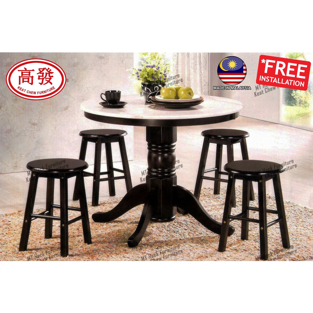 Kopitiam Table + 4 Wooden Stool 3FT Marble Round Table Round With