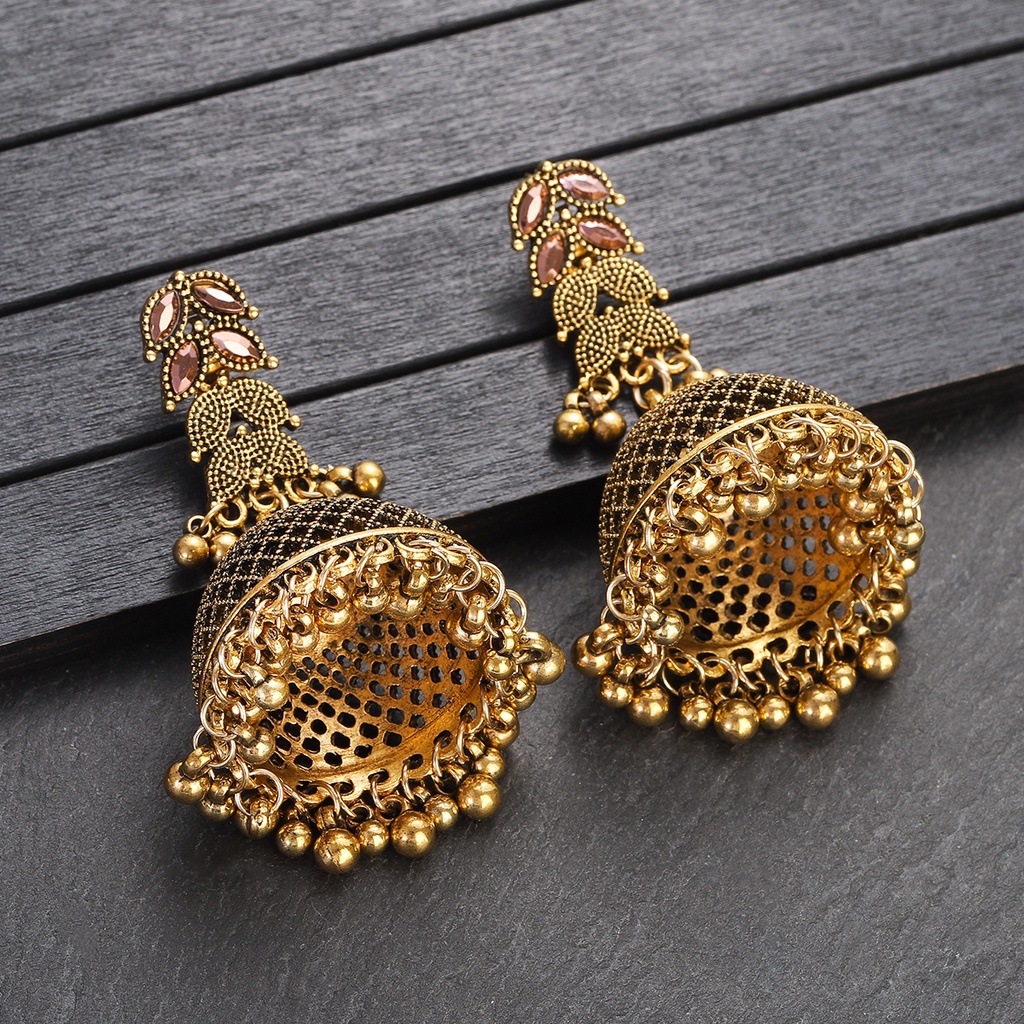 Boho Afghan Big Bell Tassel Drop Earrings Women Pendient Gold Color Gypsy Pink Zircon Hollow Bells Ladies Indian Earring Jewelry