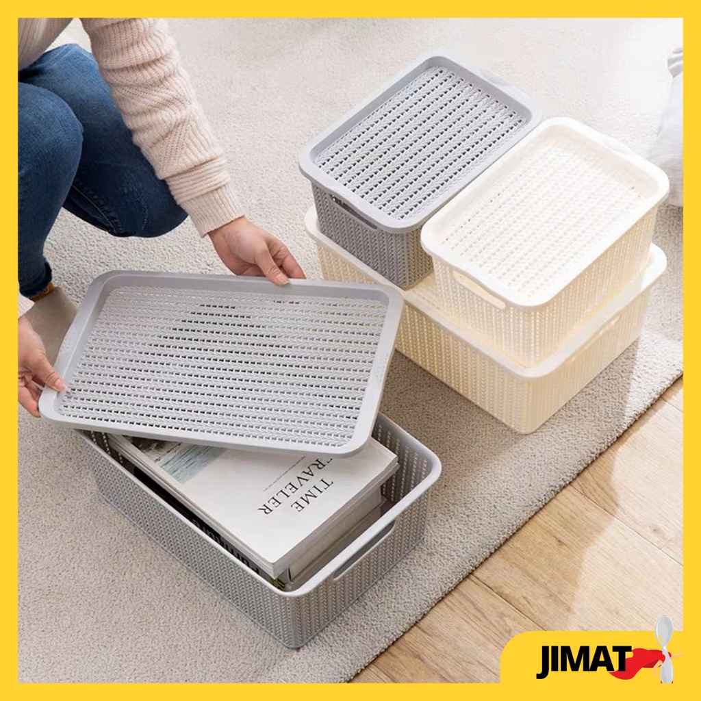 Rattan Plastic Storage Basket with Lid Multipurpose Storage Basket