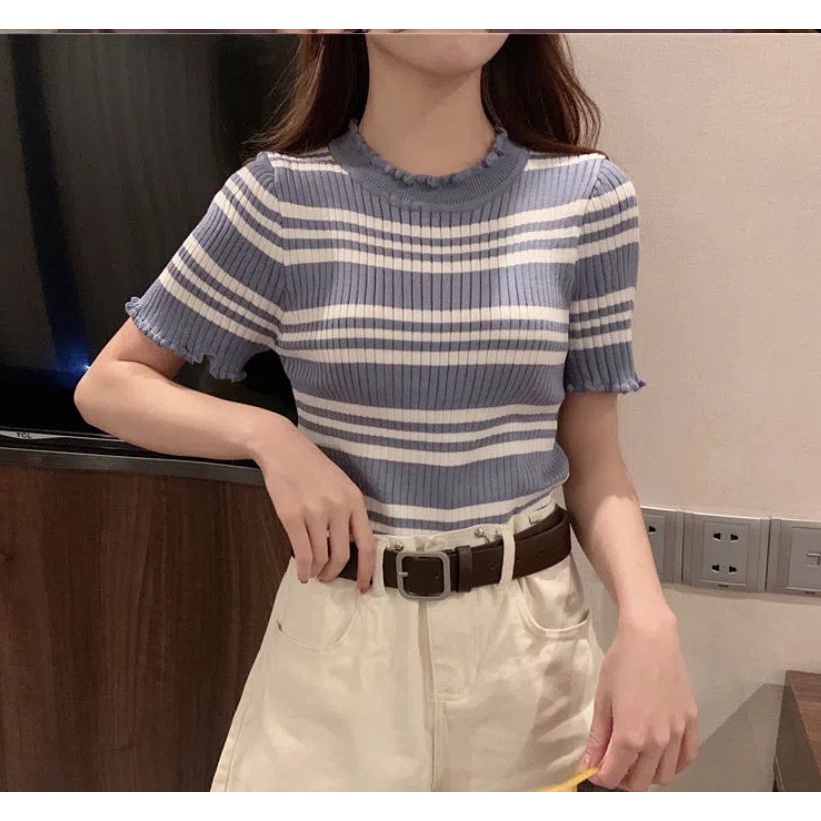 SA5032 -M'SIA Stok Sedia Fesyen Baju Wanita.Ready Stock Knitted Material Women Top 针织条纹短袖T恤