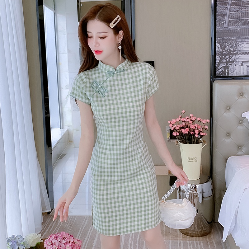 New Cheongsam Dress Vintage Short Sleeve Dresses Checkered Slim Dress