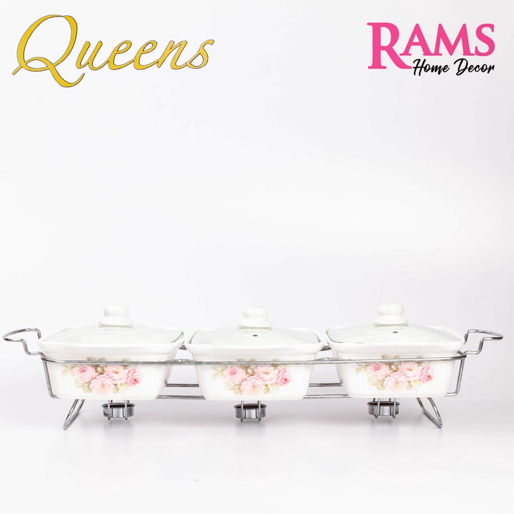 Queens 1.5L (Set of 3) Premium Porcelain Chafing Dish with Metal Rack / Serveware / Bekas Lauk / Bekas Hidang Porcelain