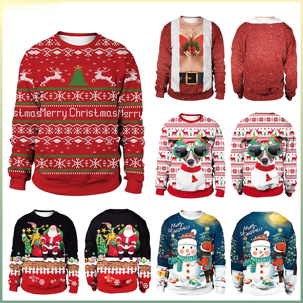 New Men Women Ugly Christmas Sweater Couple Xmas Jumpers Tops 3D Christmas Gifts Hat Bell Wineglass Printed Holiday Party Sweatshirt