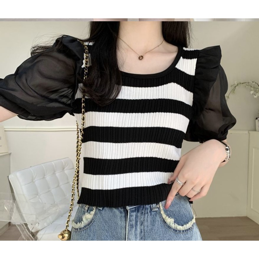 SA6585 -Fesyen Baju Siap Stok Malaysia. Ready Stock Knitted Material Women Top Knitwear甜美撞色条纹短袖针织衫