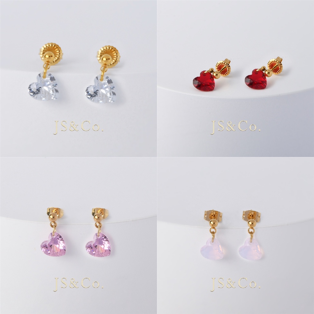 JS&Co. 18k Gold Heart Crystal Drop Earrings Studs for Women Korean ...