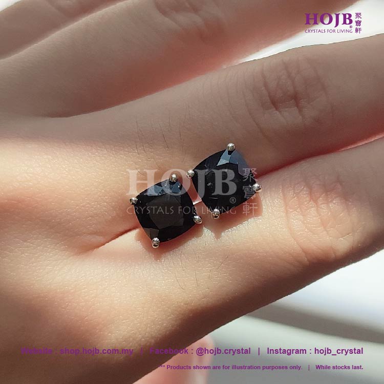 HOJB Natural Mexican Tektite Square S925 Silver Earring 8mm 聚寶軒天然墨西哥黑陨石正方形S925银耳环8mm