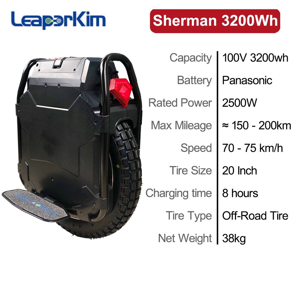 包邮EU Stock LeaperKim Veteran sherman Electric unicycle 100.8V 3200WH motor power 2500W 20-inch,NCR18650GA battery max 7