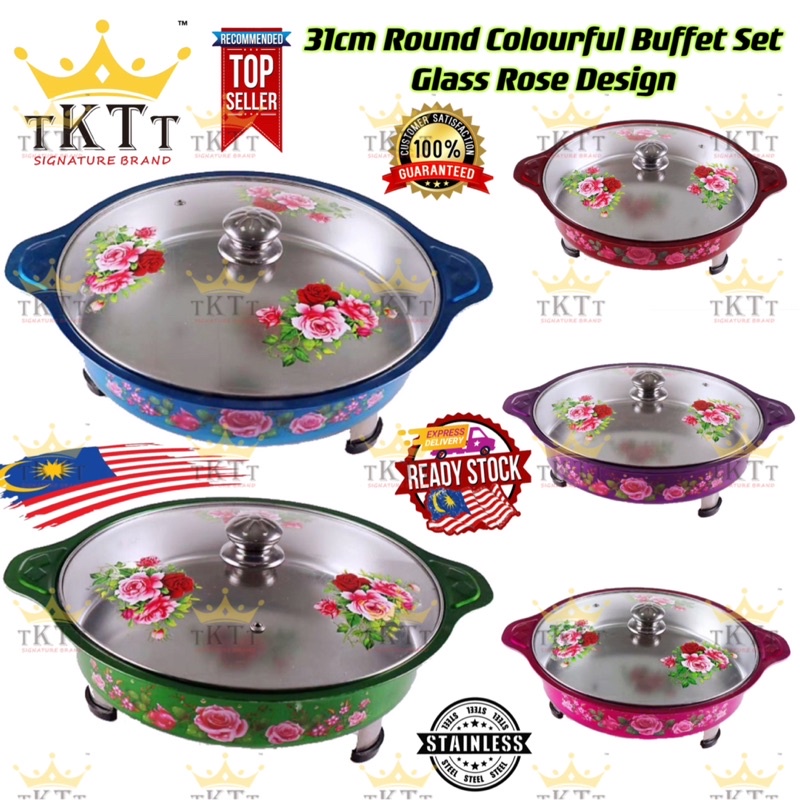 TKTT 31cm Round Colourful Buffet Set Rose Design Glass Lid Food Pan Chafing Dish Tray Lauk Serbaguna